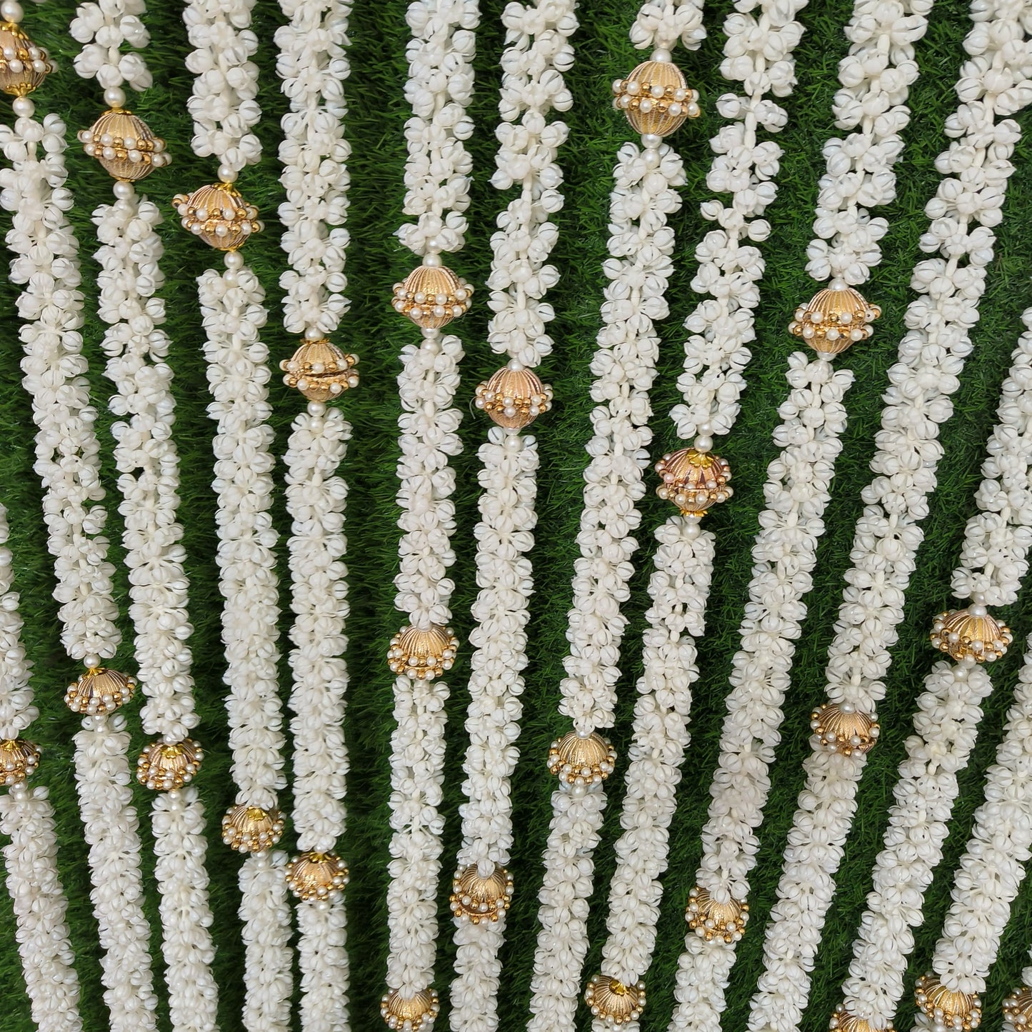 Artificial Mogra (Jasmine) Garland Strings with Golden Dome Beads - 4.5 Feet
