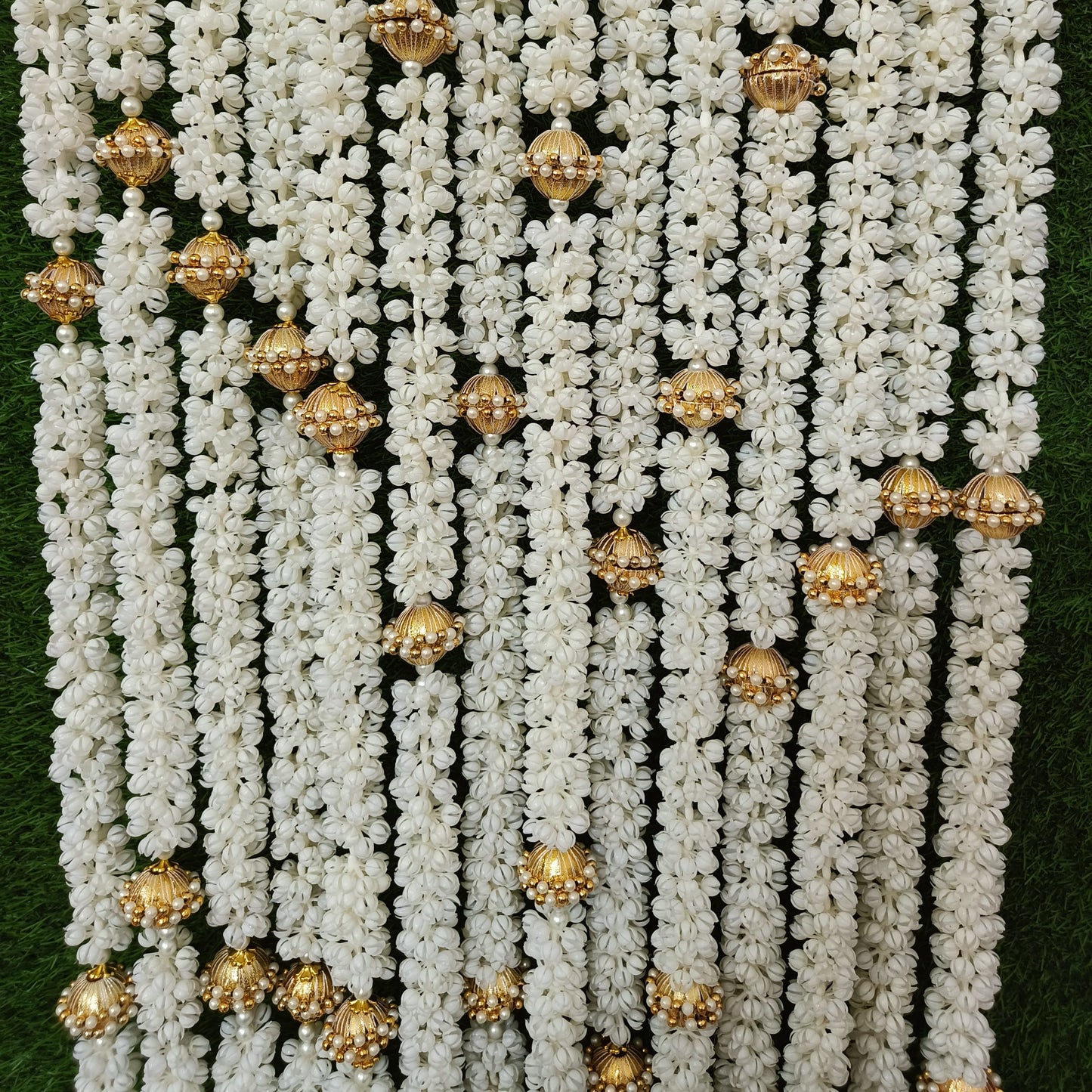 Artificial Mogra (Jasmine) Garland Strings with Golden Dome Beads - 4.5 Feet