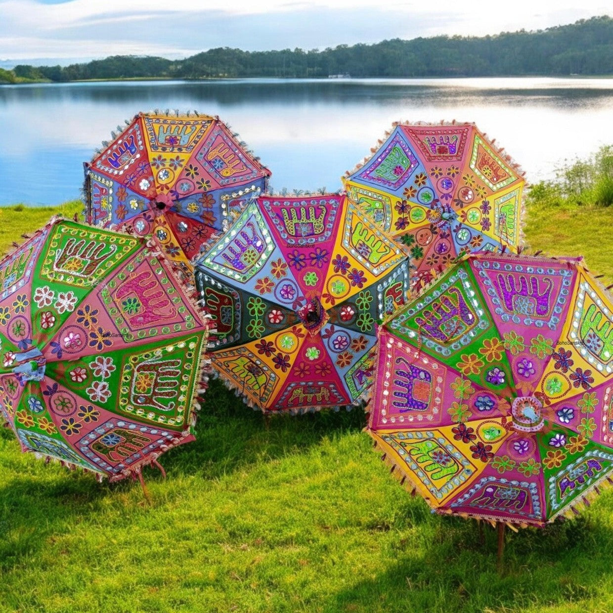 Decorative Umbrella – Embroidered and Elephant Patchwork - 24 Inches