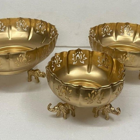 Lotus Etched Urli with Elephant Stand | Set of 3