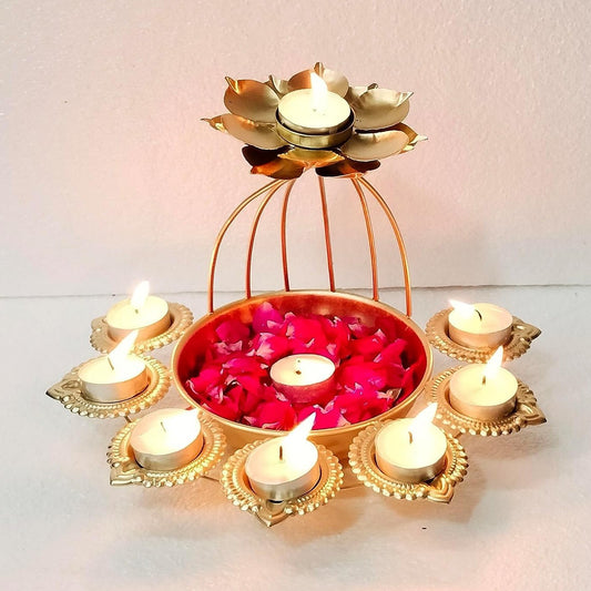 Handcrafted Urli Bowl and Metal Diya Set in Lotus Shape | 12 Inches