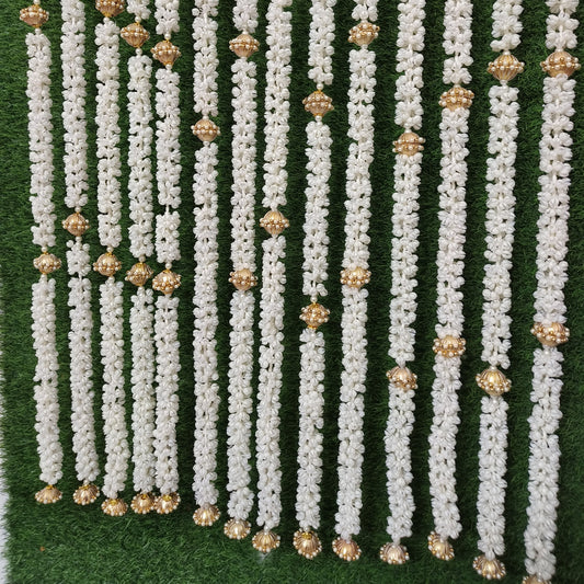 Artificial Mogra (Jasmine) Garland Strings with Golden Dome Beads - 4.5 Feet