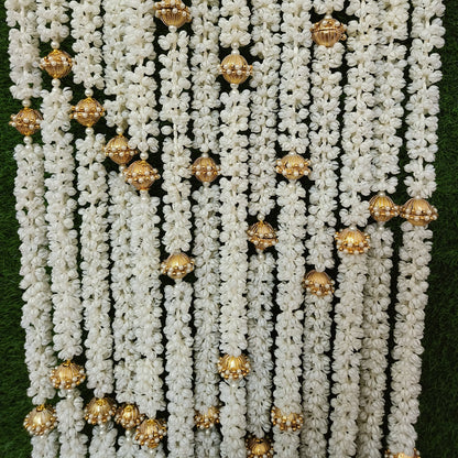 Artificial Mogra (Jasmine) Garland Strings with Golden Dome Beads - 4.5 Feet