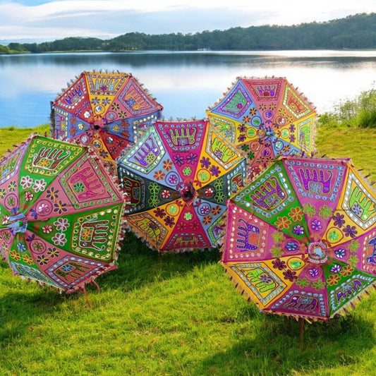 Decorative Umbrella – Embroidered and Elephant Patchwork - 24 Inches