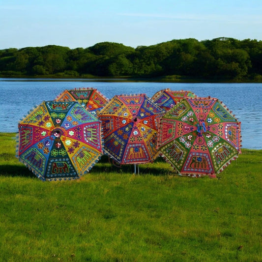 Decorative Umbrella – Embroidered and Elephant Patchwork - 24 Inches