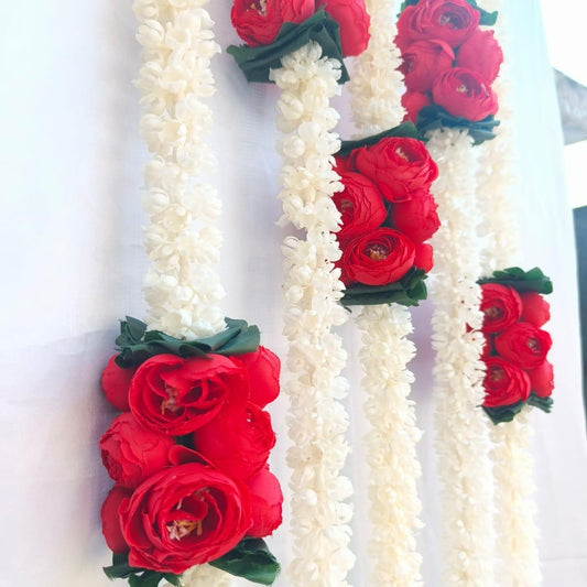 Artificial Mogra (Jasmine) Garland Strings with Rose Bunch - 4.5 Feet