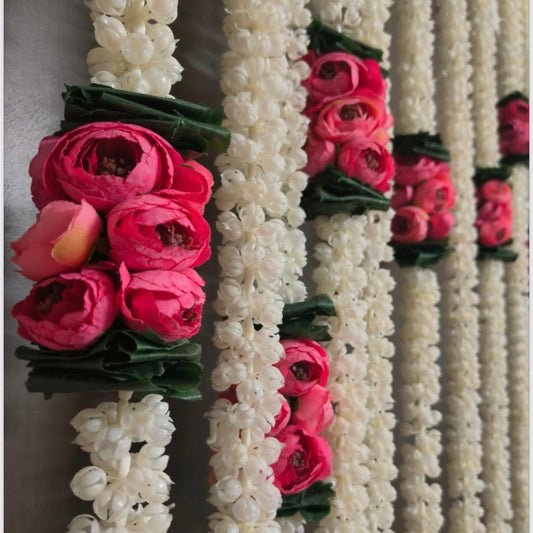 Artificial Mogra (Jasmine) Garland Strings with Rose Bunch - 4.5 Feet