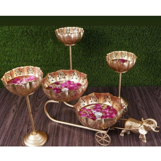 Elephant Gold Cart with 2 Urlis and 3 Standing Urli | Complete Set